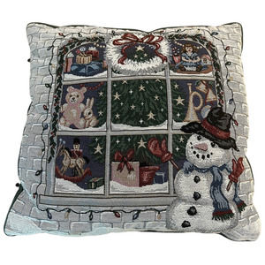 VTG Riverdale Window Scene Christmas Tree & Snowman Tapestry Needlepoint Pillow
